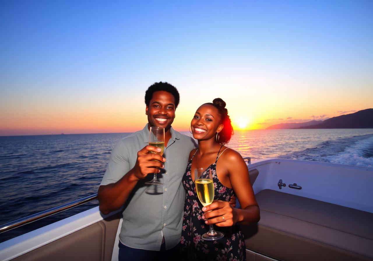 Couple celebrating on a yacht at sunset