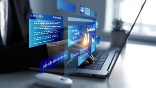 Person using laptop with AI Content Generator, bot writing and coding