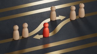 Red and white pawns with golden arrows, employee swap or turnover concept, leadership and business success
