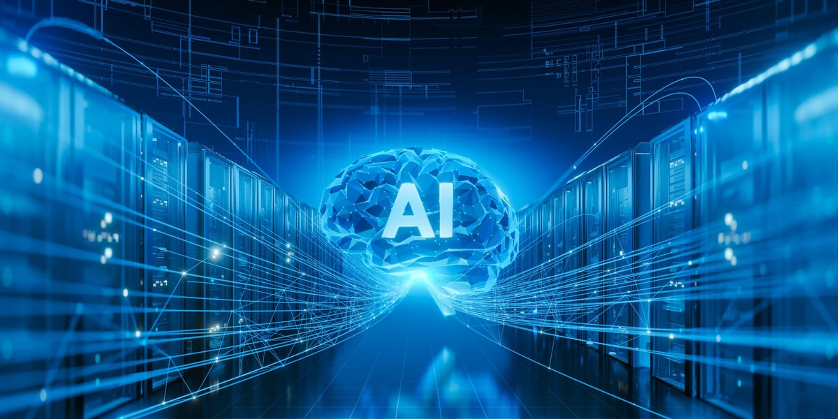 Artificial intelligence concept with a glowing polygonal brain representing AI connected by data lines to server racks in a futuristic data center